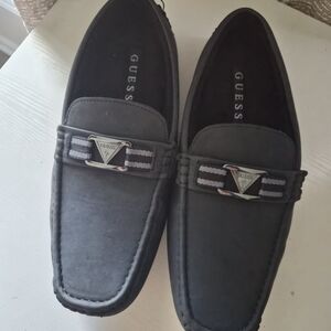 GUESS Men’s Black Suede Slip-On Loafers with Branded Metal Accent